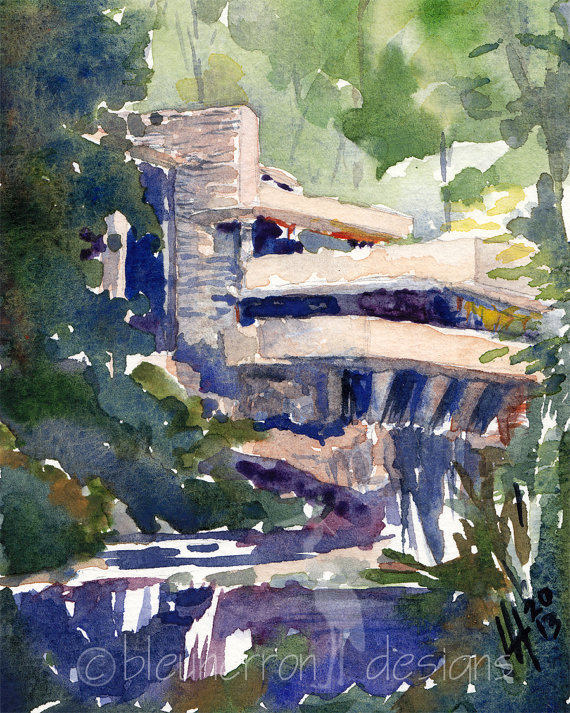 570x713 Architecture Watercolor Fallingwater Frank Lloyd Wright Art - Falling Water Painting