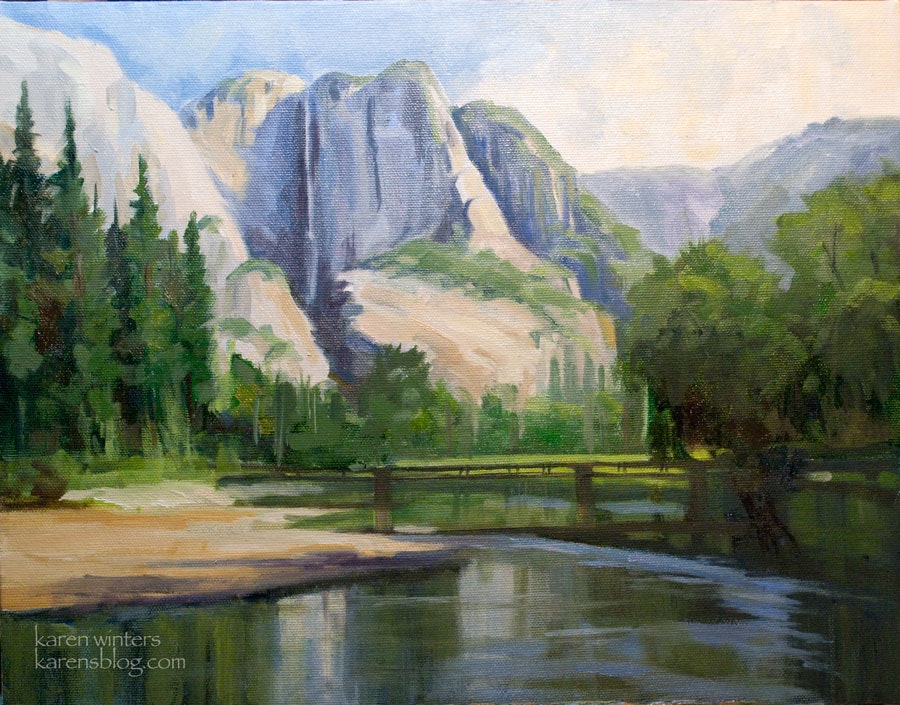 900x705 Yosemite Falls Merced River Swinging Bridge Oil Painting By Artist - Falls River Painting