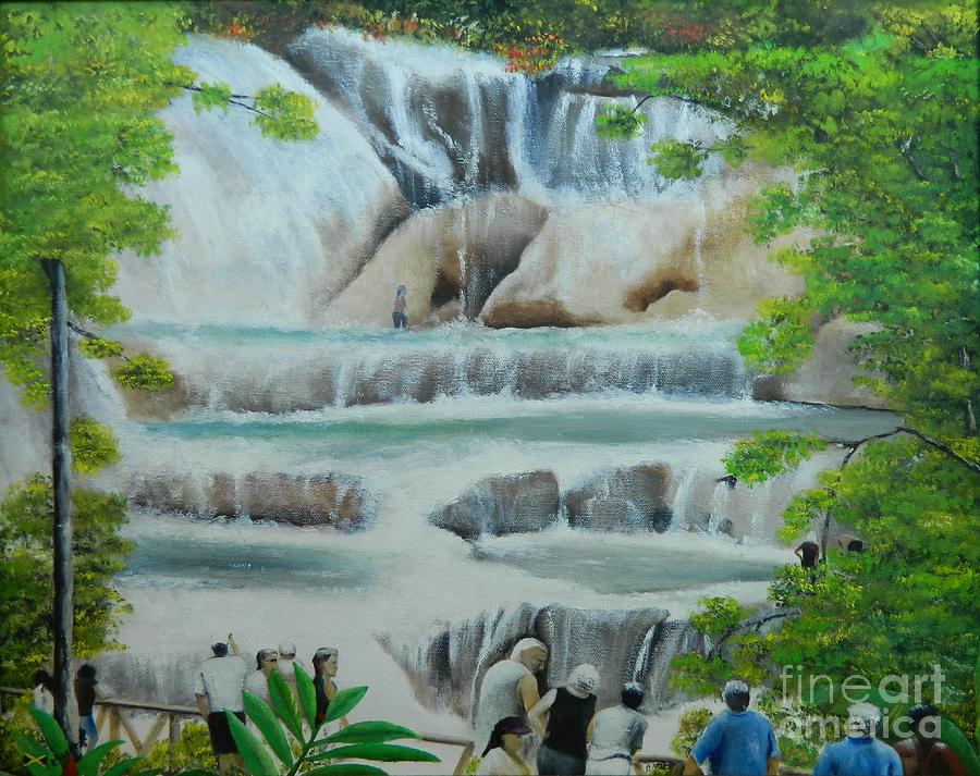 900x713 Dunns River Falls Ii Painting By Kenneth Harris - Falls River Painting