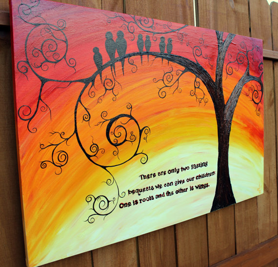 570x548 Family Of Birds 24 By 36 Abstract Acrylic Tree Painting, Red - Family Canvas Painting