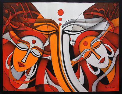 400x309 Original Acrylic On Canvas Painting Of Ganesha In Orange Red - Family Canvas Painting