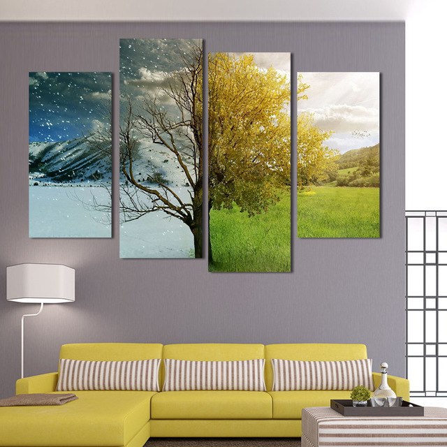 640x640 Canvas Painting 4 Panel The Tree Sunny Days With Snow Family - Family Canvas Painting