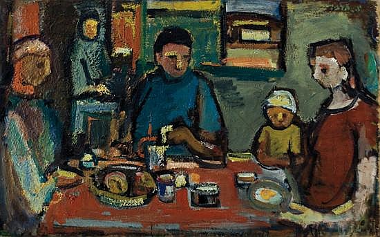 550x343 Aharon Giladi 1907 1993 (Israeli) Family Dinner Rare Oil - Family Dinner Painting