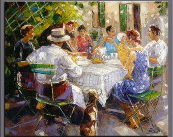 340x270 Original Oil Painting,impasto Oil On Canvas,hand Painted,framed - Family Dinner Painting