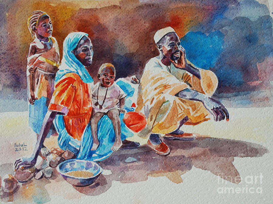 900x672 Poor Family Waiting Painting By Mohamed Fadul - Family Painting