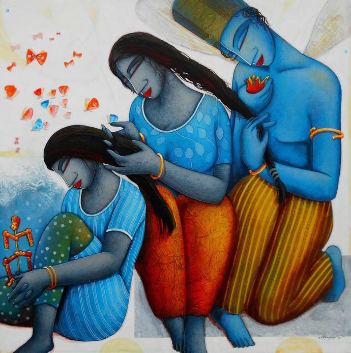 690x694 Blue Love Family By Artist Samir Sarkar Figurative Art Acrylic - Family Painting