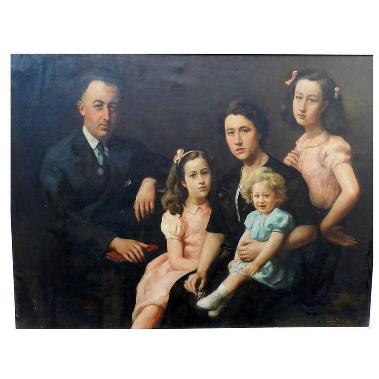 768x768 Jose Wolff, Family Portrait, Large Oil On Canvas, Circa 1947 - Family Portrait Painting