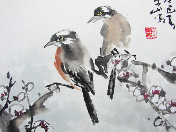 570x428 Items Similar To Pie Bird Standing On White Plum Branch Painting - Famous Bird Painting