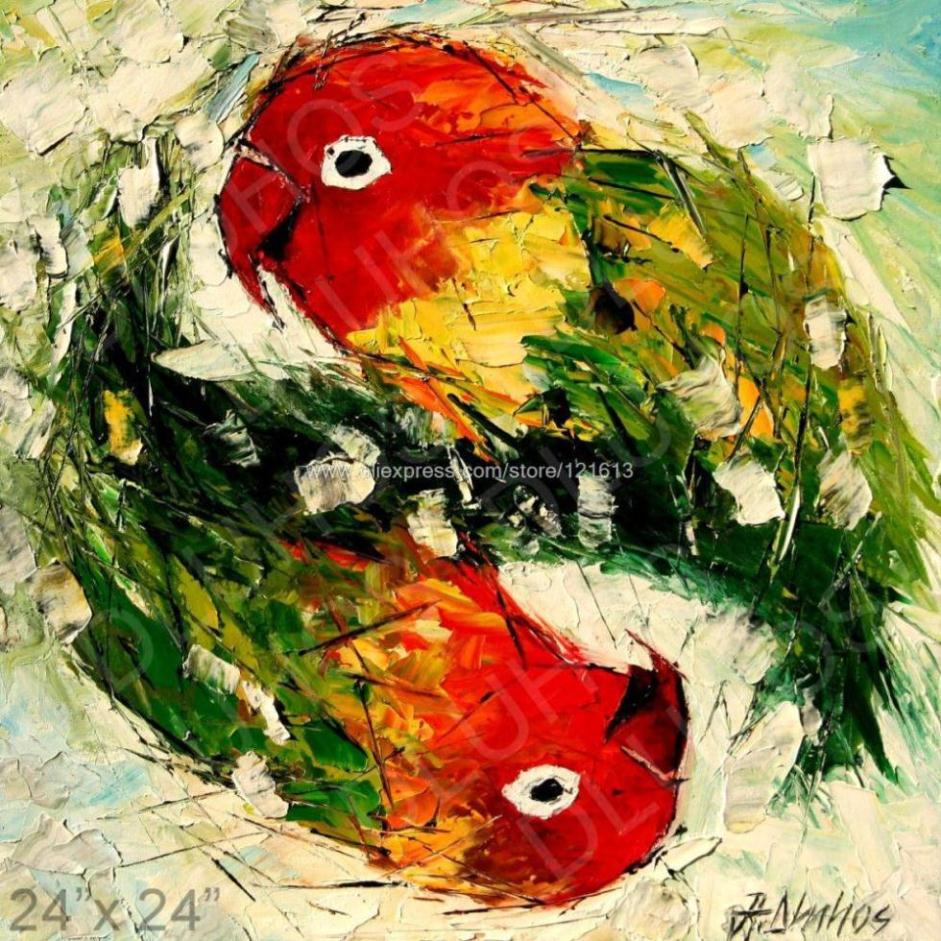941x941 Love Birds Color Parrots Palette Knife Art Oil Painting Abstract - Famous Bird Painting