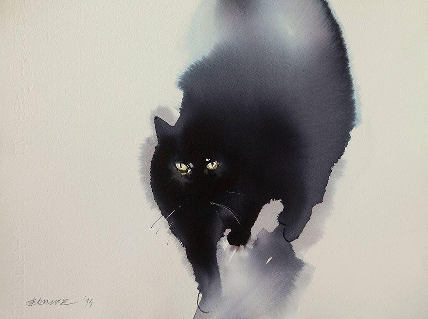 880x655 Gloomy Watercolor Cats Slowly Bleeding Into The Paper Bored Panda - Famous Black Cat Painting