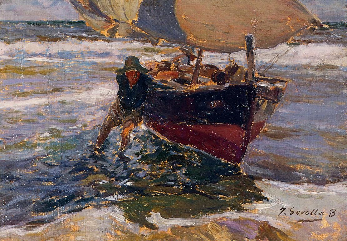 1112x771 Joaquin Sorolla Y Bastida Beaching The Boat (Study) Painting - Famous Boat Painting