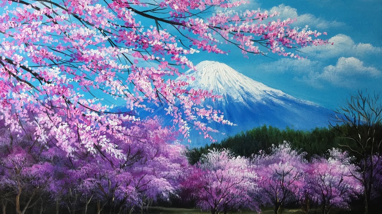 1280x720 The Cherry Blossoms In The Mt. Fuji Acrylic Painting - Famous Cherry Blossom Tree Painting