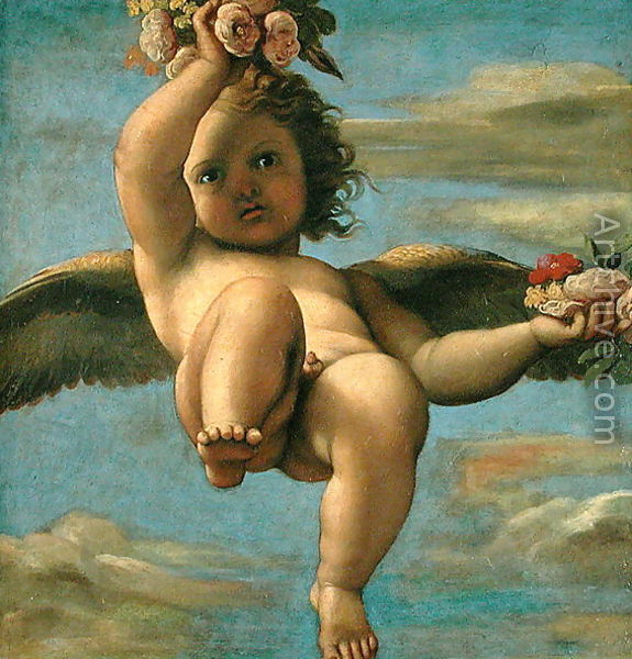 575x600 A Cherub Carrying Flowers (2) Reproduction By Annibale Carracci - Famous Cherub Painting