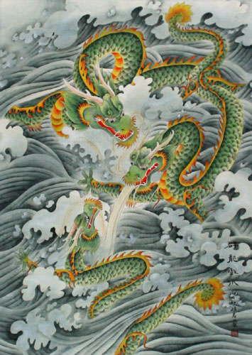 355x500 Three Green Dragons - Famous Chinese Dragon Painting