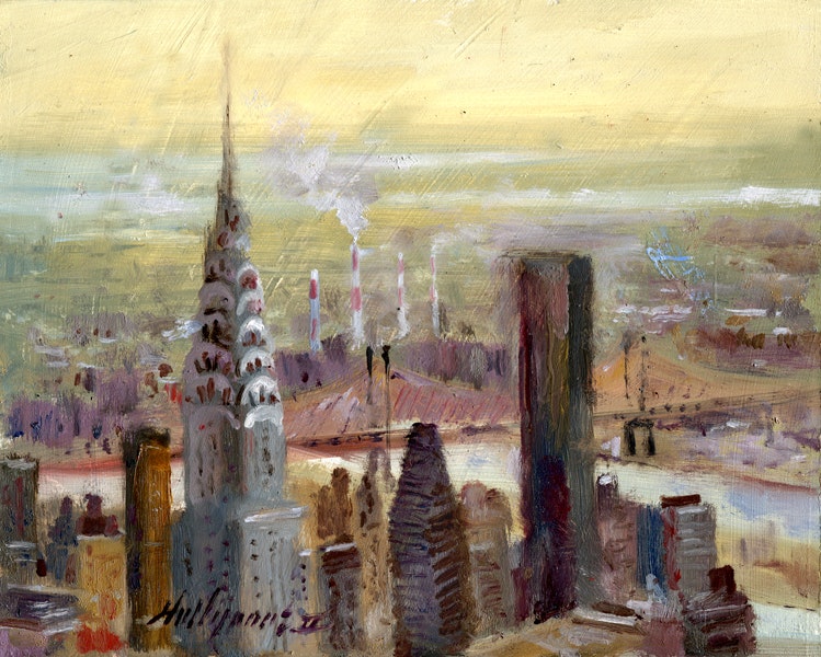 749x600 Chrysler Building, New York City Skyline 8 X10 Oil On Panel Hall - Famous Chrysler Building Painting
