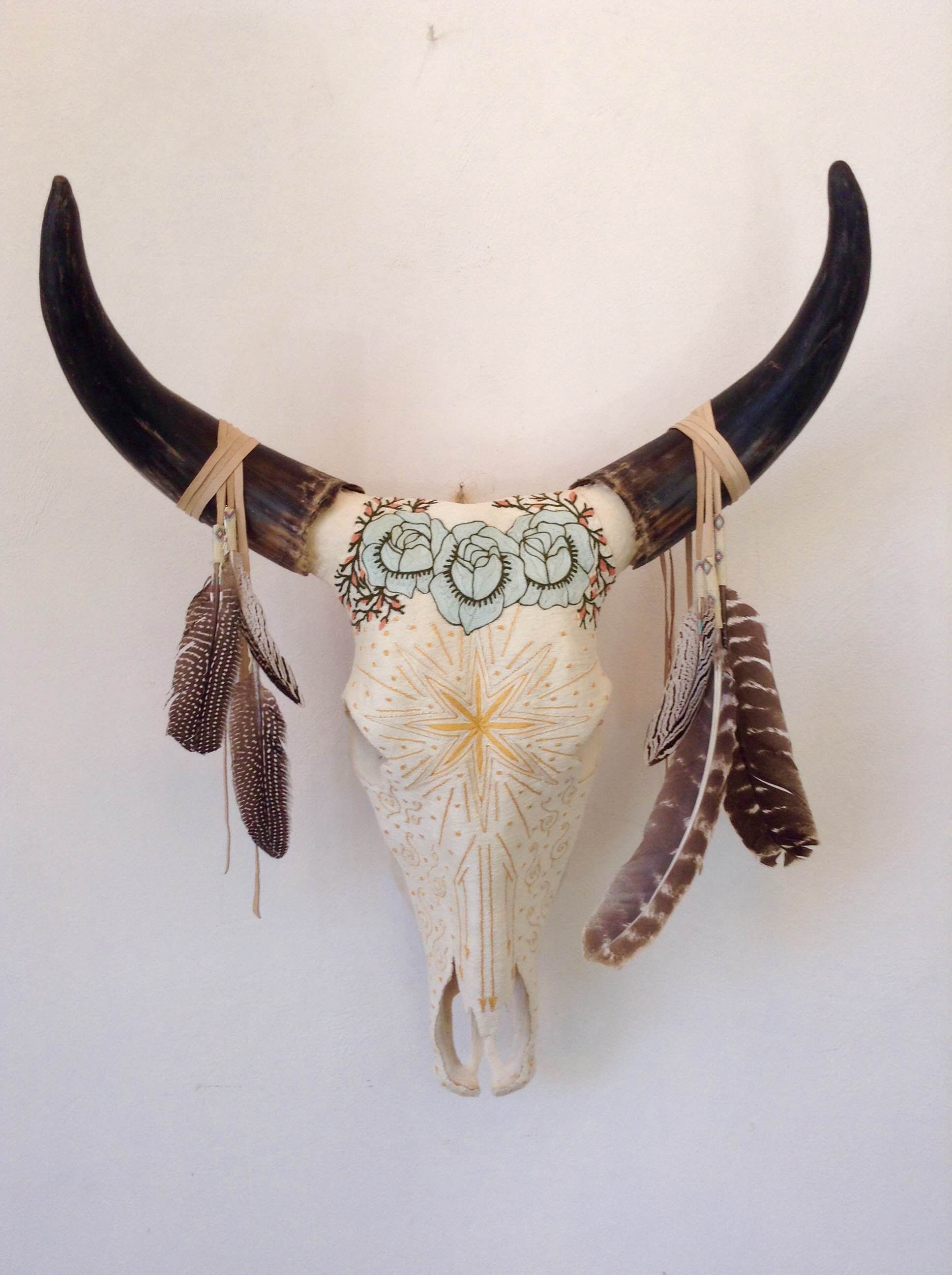 1936x2592 Yarn Painted Cow Skull. Star Shower. Additional Hand Beaded - Famous Cow Skull Painting