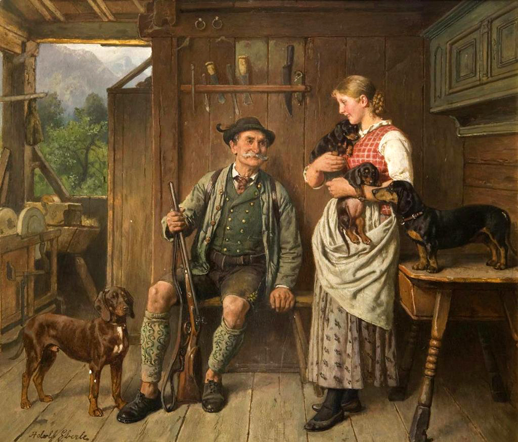 1024x875 Maid Huntsman And Dachshund Family Painting Adolf Eberle Oil - Famous Dachshund Painting