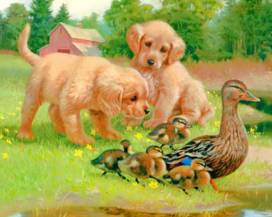 951x761 Gz695 4050 Famous Dog And Duck Painting Wall Art Canvas Diamond - Famous Dog Painting