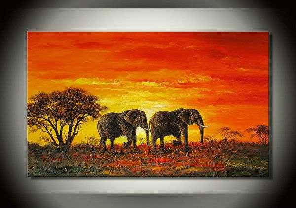 600x421 Free Shipping, Sunset Landscape Painting, The Elephant Theme - Famous Elephant Painting