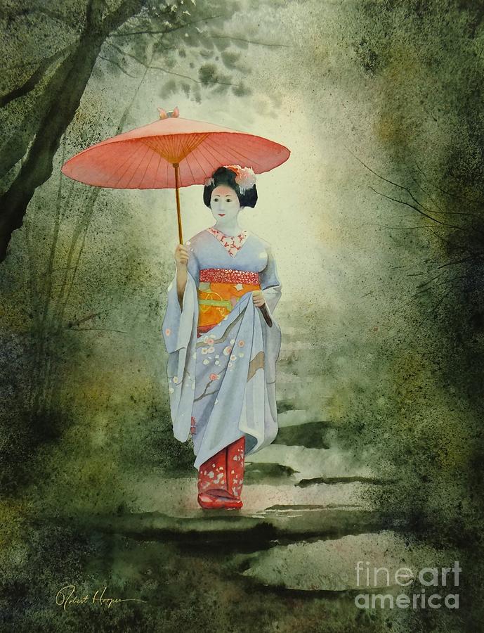 689x900 Geisha With Umbrella Painting By Robert Hooper - Famous Geisha Painting