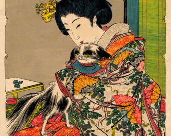 340x270 Japanese Art Geisha With A Cat Fine Art Print Japanese - Famous Geisha Painting