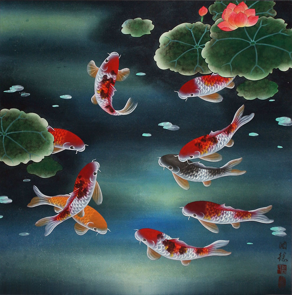 990x1000 Famous Koi Fish Painting Nine Koi Fish And Lotus Flowers - Famous Koi Fish Painting