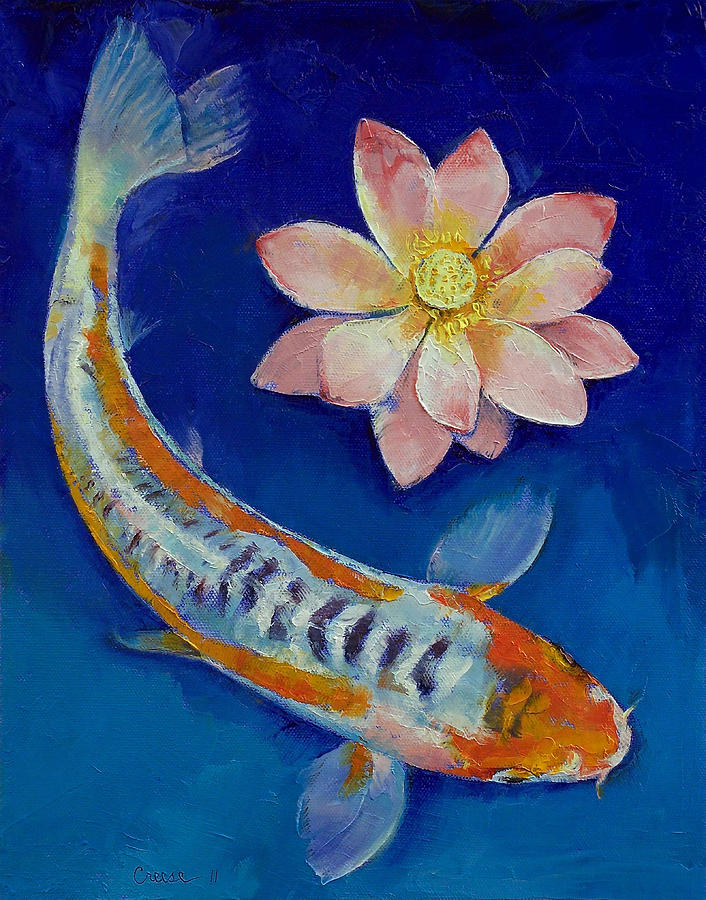 706x900 Koi Fish And Lotus Painting By Michael Creese - Famous Koi Fish Painting