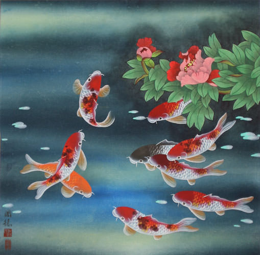 509x500 Nine Koi Fish And Flowers Asian Painting - Famous Koi Fish Painting