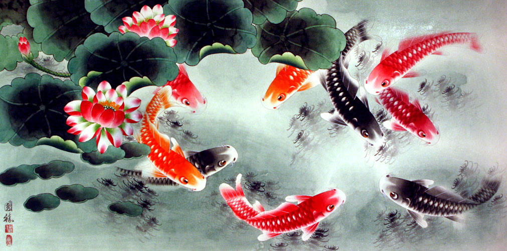 1011x500 Koi Fish And Lotus Flower - Famous Koi Painting