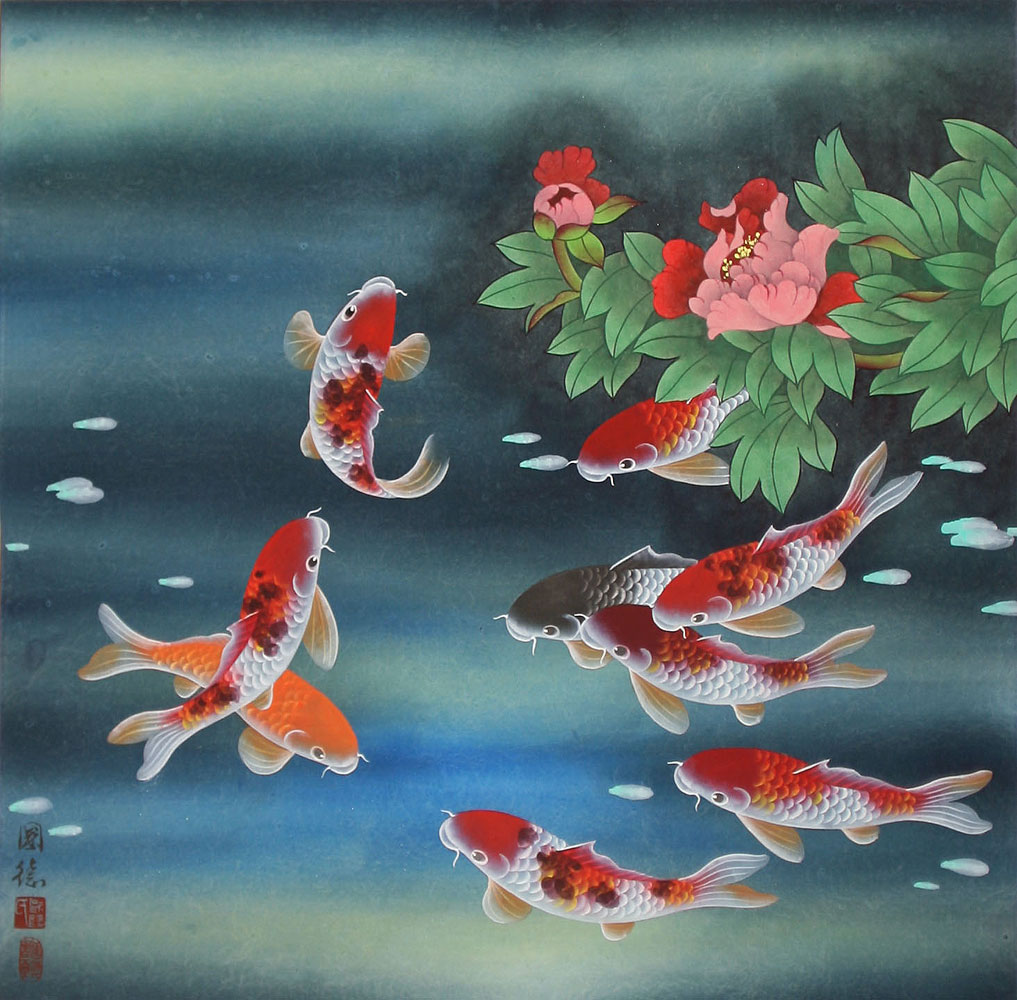 1017x1000 Nine Koi Fish And Flowers Asian Painting - Famous Koi Painting