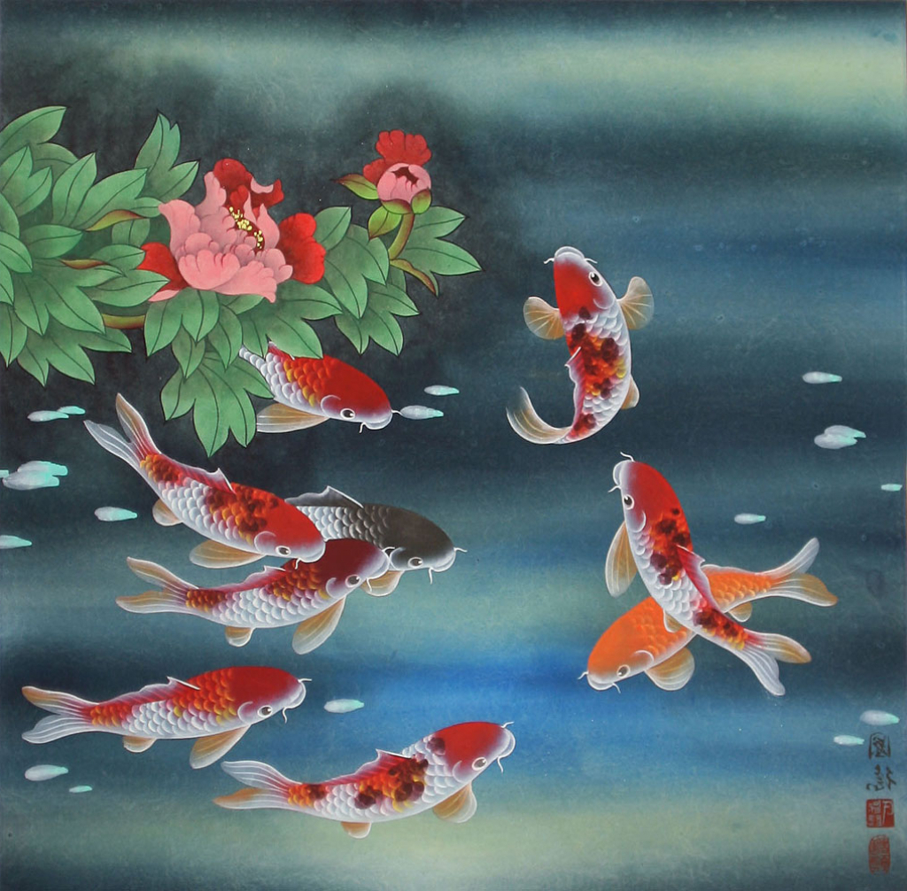 1024x1006 Famous Koi Fish Painting Fish Paintings By Famous Artists Nine Koi - Famous Koi Painting