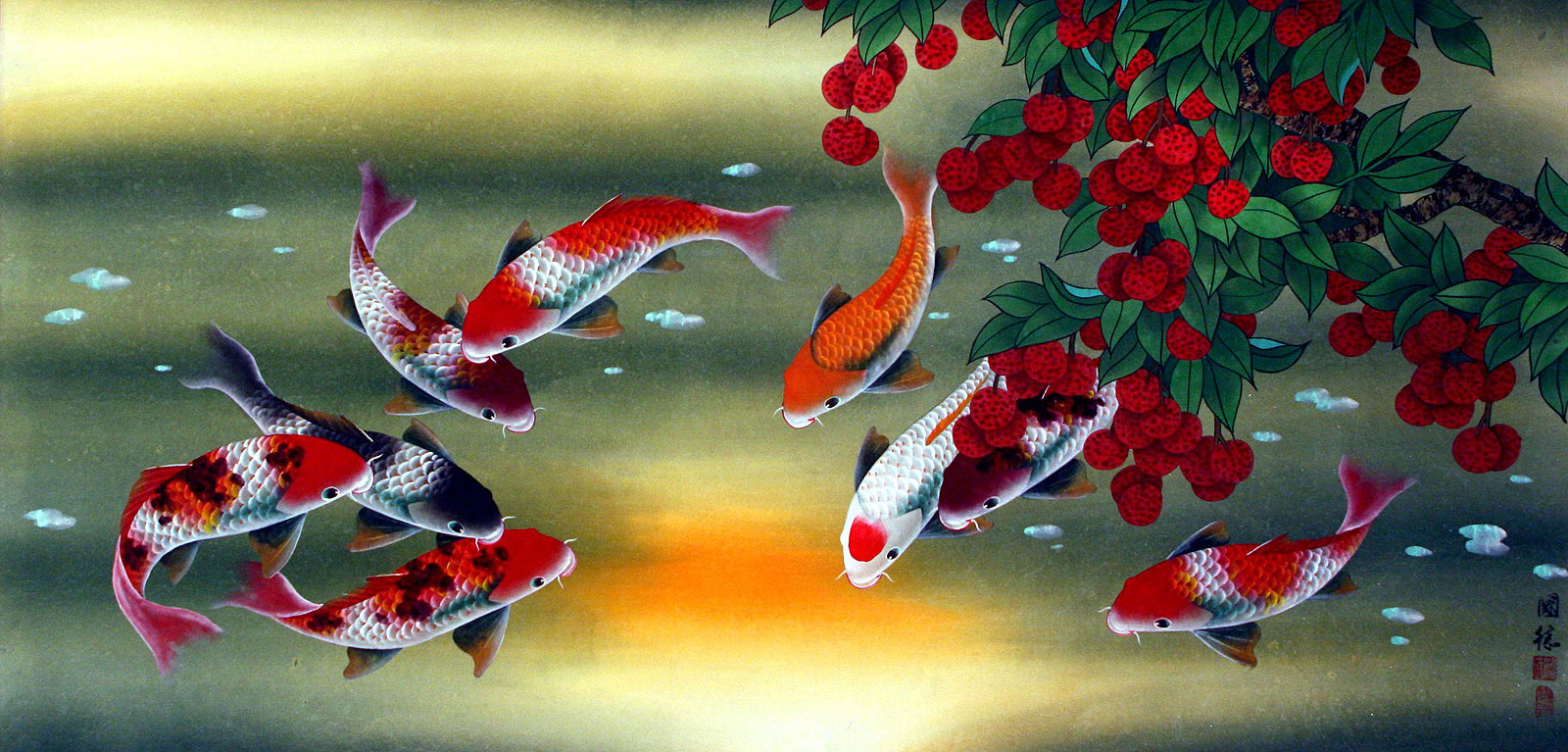 1600x767 Famous Koi Fish Painting Huge Koi Fish And Lychee Fruit Chinese - Famous Koi Painting