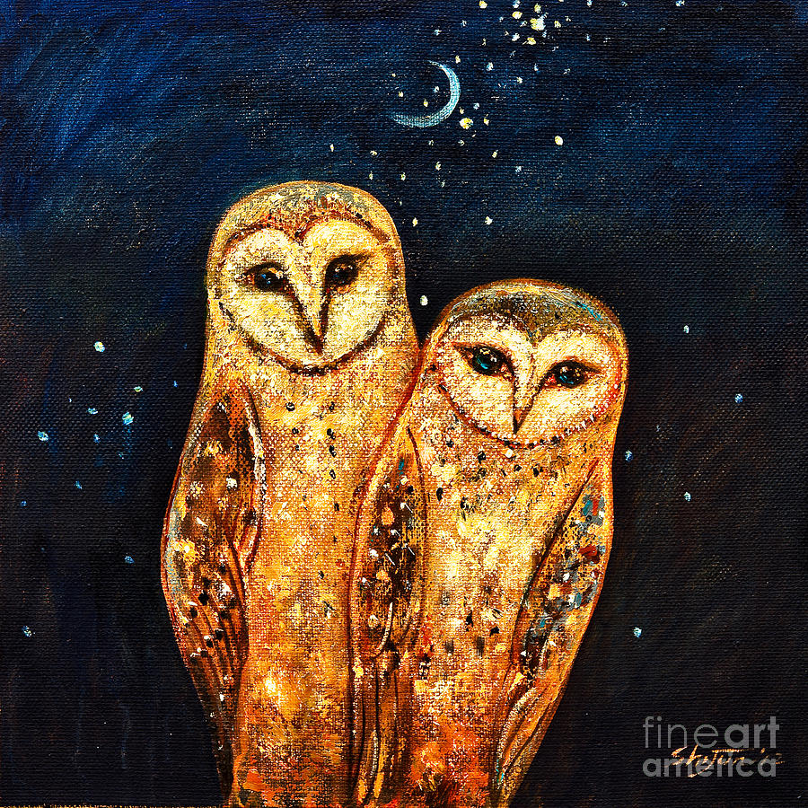 900x900 Starlight Owls Painting By Shijun Munns - Famous Owl Painting