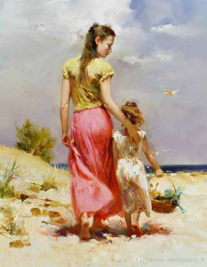 800x1030 2018 Pino Seaside Walk Mother Daughter,famous Handpainted - Famous Painting Of Mother And Daughter