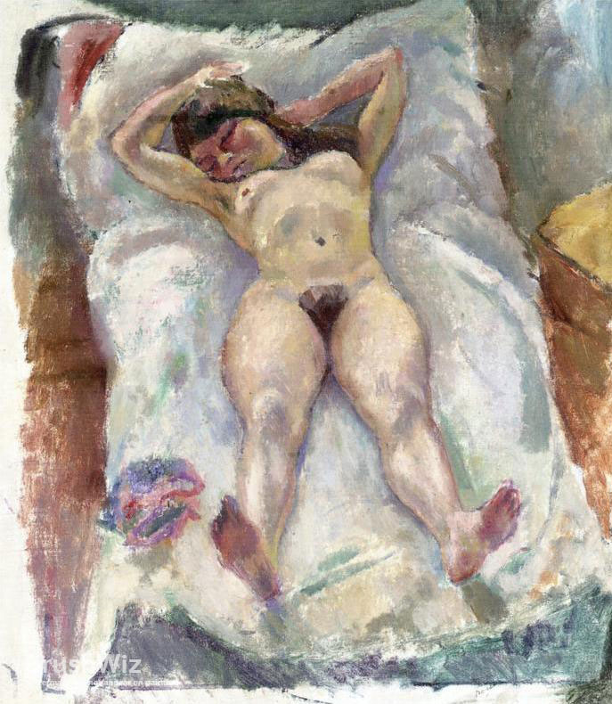 687x790 Woman Lying Down With Her Arms Raised By Pascin - Famous Painting Of Woman Lying Down