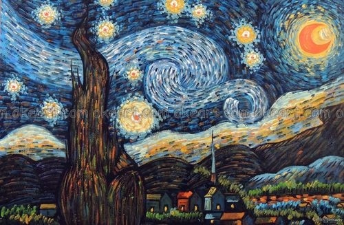 500x327 Hand Painted Starry Night Famous Van Gogh Repro Moon Stars Town - Famous Painting With Moon And Stars