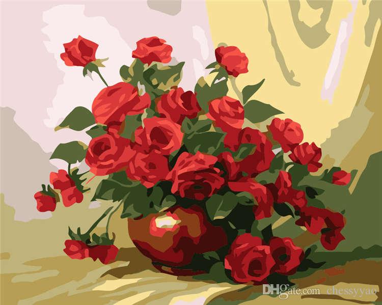 750x599 Diy Oil Painting Paint By Numbers Rose Flower Drawing With Brushes - Famous Rose Painting