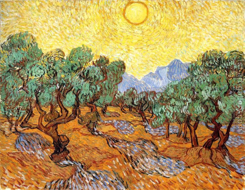 1000x779 Olive Trees With Yellow Sky And Sun Vincent Van Gogh Reproduction - Famous Tree Painting