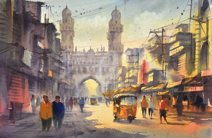 700x456 Charminar. (Kishore Singh) - Famous Watercolor Painting