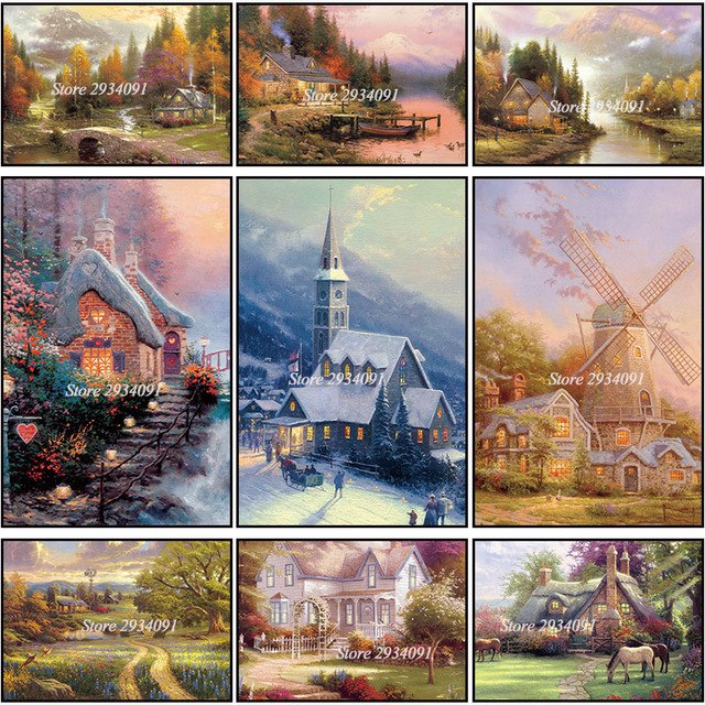 640x640 Fancy Country Castle Landscape Diamond Painting Bridge River - Fancy Painting