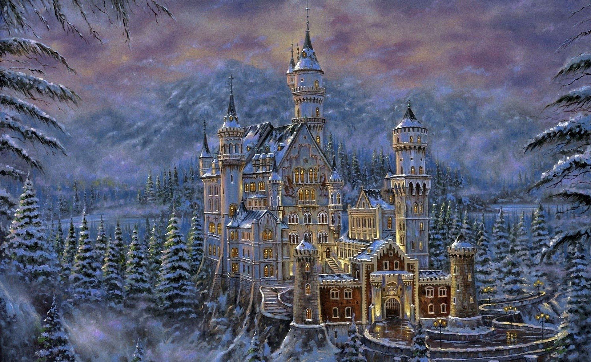 1920x1175 Fantasy Castle Snow Tree Winter Neuschwanstein Castle Painting - Fantasy Castle Painting