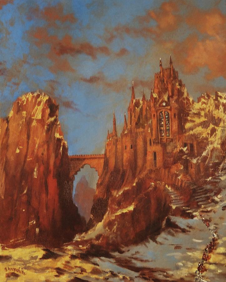 722x900 Castle Of The Mountain King Painting By Tom Shropshire - Fantasy Castle Painting