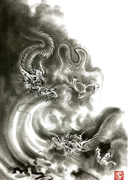 500x700 Two Dragons Gold Fantasy Dragon Design Sumi E Ink Painting Dragon - Fantasy Dragon Painting