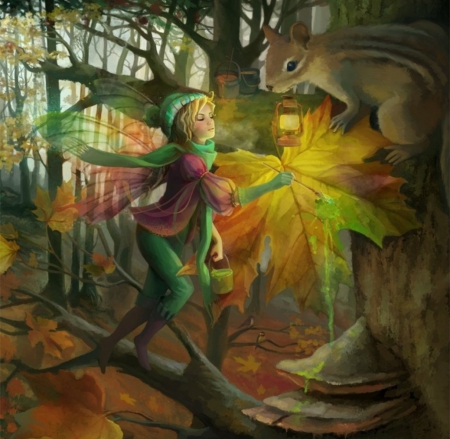 450x439 Fairy Painting Leaves Green - Fantasy Fairy Painting