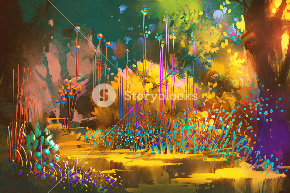 1000x667 Fantasy Forest With Colorful Plants And Flowers,illustration - Fantasy Forest Painting