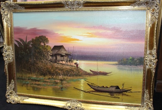 565x384 Large Oil Painting Far East Sunset Landscape Signed Set In Gilt Frame - Far East Collection Oil Painting