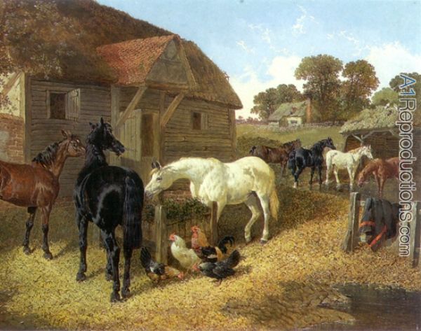 600x473 Farm Animals, Horses And Chickens In Farmyard Oil Painting - Farm Animal Painting