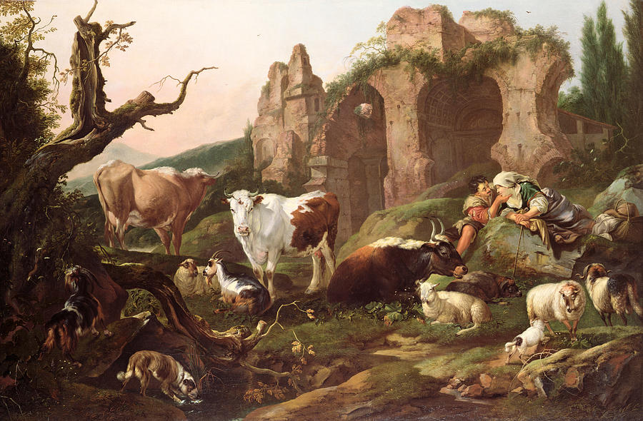 900x590 Farm Animals In A Landscape Painting By Johann Heinrich Roos - Farm Animal Painting