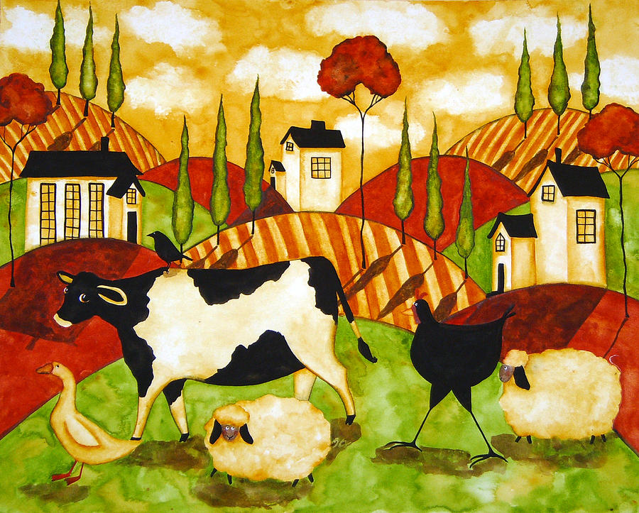 900x723 Hubbs Children Art Folk Prints Farm Animals Cow Sheep Goose - Farm Animal Painting