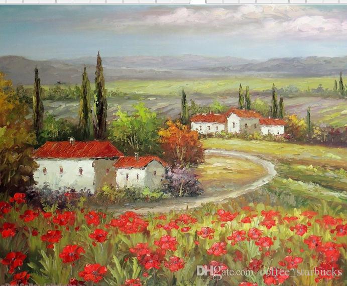 691x571 2018 Framed Italian Tuscany Farm Homes Valley Red Poppy Field,hand - Farm Landscape Painting